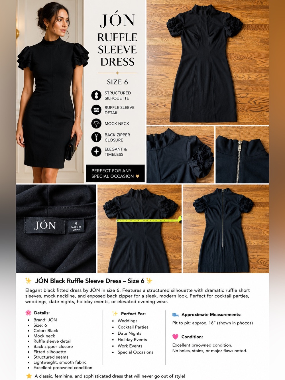 JÓN Black Ruffle Sleeve– Size 6 Wedding Guest Dress Cocktail Modern Chic LBD